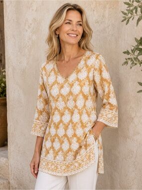 April Cornell Bonnie Block Print Tunic Sz M Gold White 100% Cotton Crochet Lace